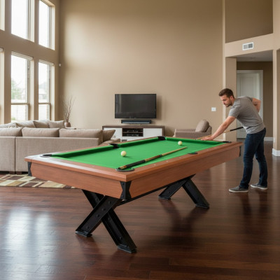 Brown wooden billiard table with metal frame and elegant design