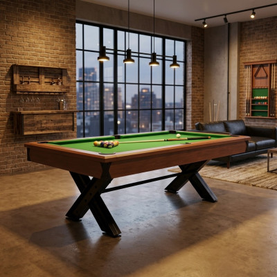 Brown wooden billiard table with metal frame and elegant design