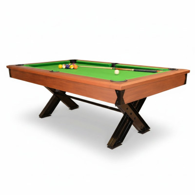 Brown wooden billiard table with metal frame and elegant design