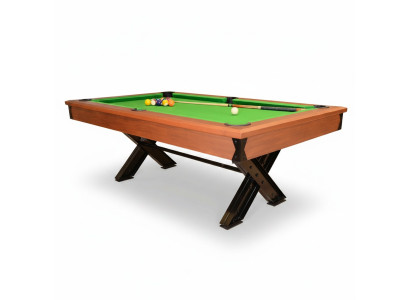 Brown wooden billiard table with metal frame and elegant design