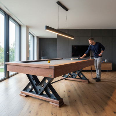 Brown solid wood table with steel legs and marble top