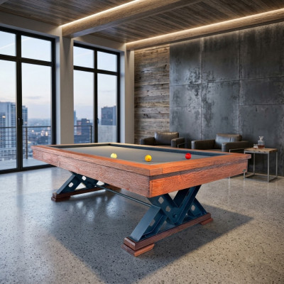 Brown solid wood table with steel legs and marble top