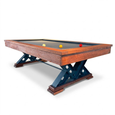 Brown solid wood table with steel legs and marble top