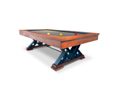 Brown solid wood table with steel legs and marble top