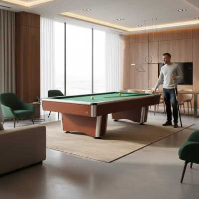 Modern brown wooden billiard table with aluminum frame