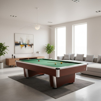 Modern brown wooden billiard table with aluminum frame