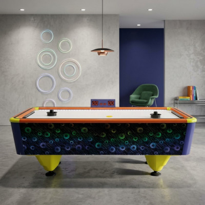 Modern air hockey table made of multicolored plastic and aluminum
