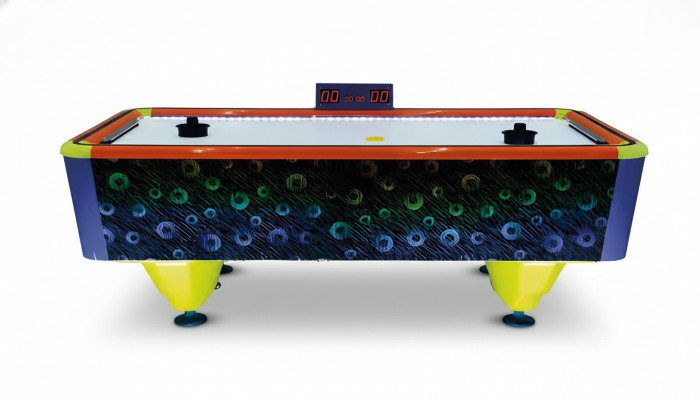 Modern air hockey table made of multicolored plastic and aluminum