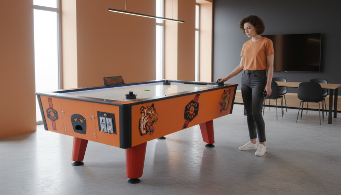 Modern orange plastic and metal air hockey table