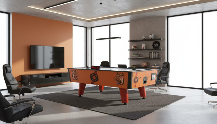 Modern orange plastic and metal air hockey table