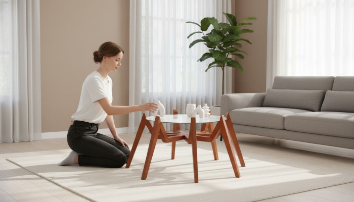Modern style coffee table, new high-quality living room furniture made of glass and wood.