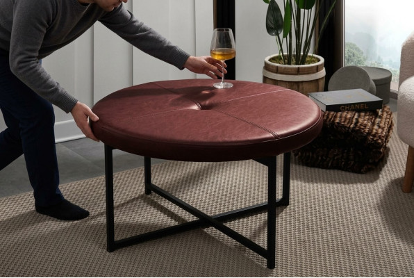 Coffee table with new high-quality leather tabletop, new living room furniture, chestnut brown.