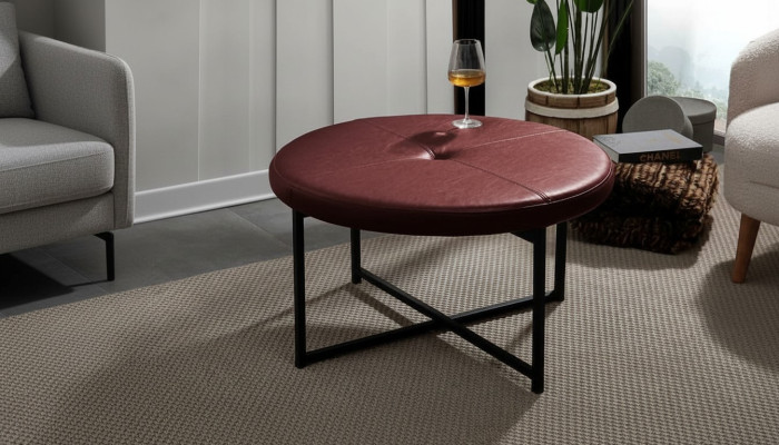 Coffee table with new high-quality leather tabletop, new living room furniture, chestnut brown.