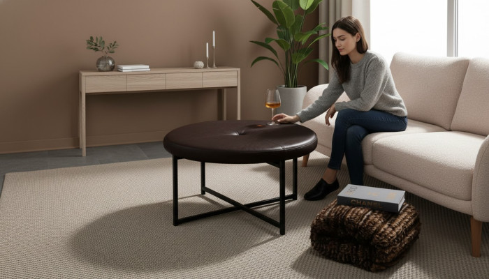 Coffee table made of high-quality leather, tabletop material metal, living room, dark brown
