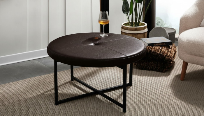 Coffee table made of high-quality leather, tabletop material metal, living room, dark brown