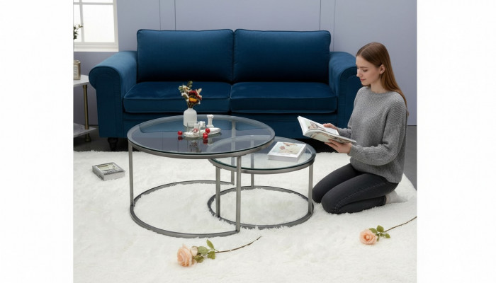 Coffee tables 2 pieces glass tabletop metal gold-colored living room furniture