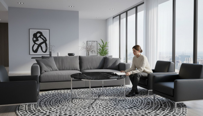 Round coffee table living room black MDF + metal X-legs new luxury