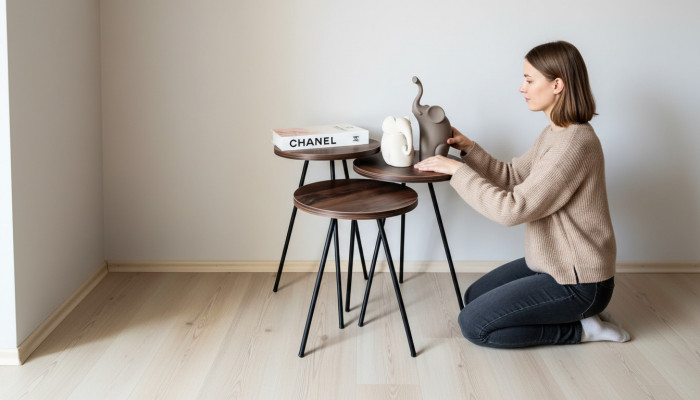Round 3x coffee table set brown wood metal legs side table