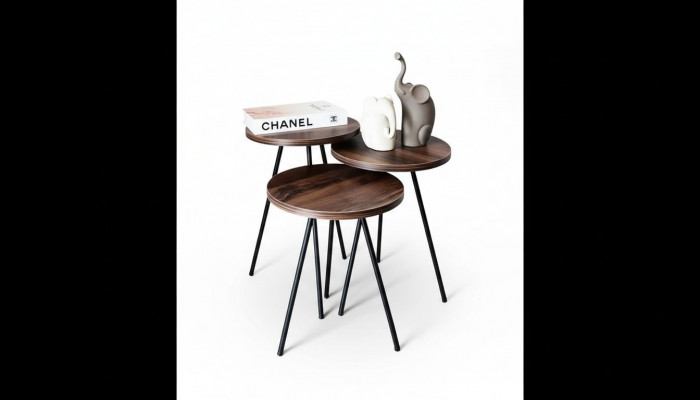 Round 3x coffee table set brown wood metal legs side table
