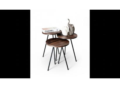 Round 3x coffee table set brown wood metal legs side table