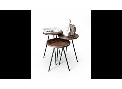 Round 3x coffee table set brown wood metal legs side table