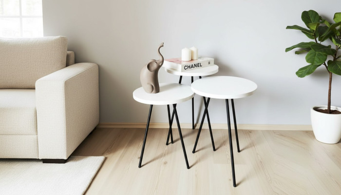 Living room coffee table side table set 3x modern white MDF metal legs