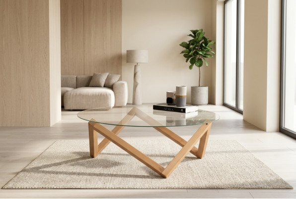 Coffee table in modern style round glass tabletop living room wooden legs