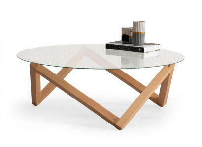 Coffee table in modern style round glass tabletop living room wooden legs