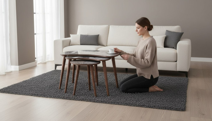 Kidney-shaped coffee tables 3 x set side tables living room beige new