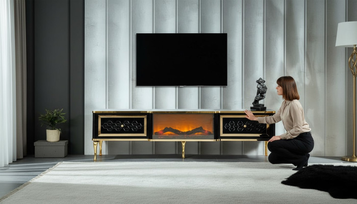 TV sideboard black dresser imitation fireplace stylish living room furniture