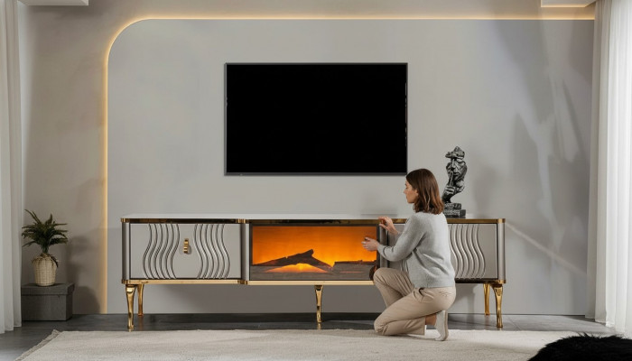 White TV sideboard, golden MDF particle board + metal, living room TV furniture