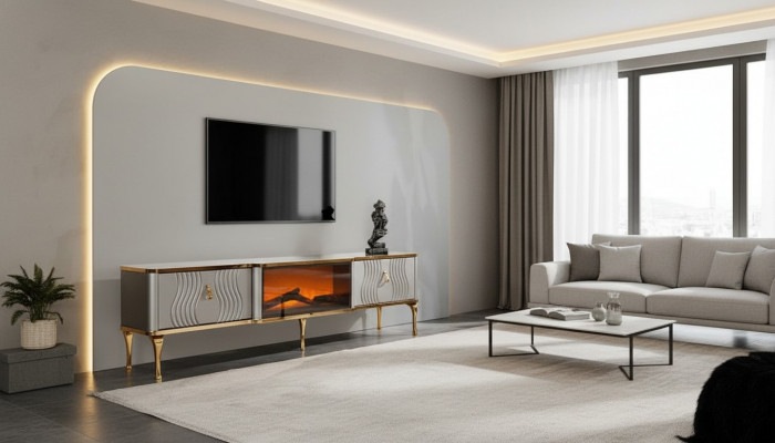 White TV sideboard, golden MDF particle board + metal, living room TV furniture