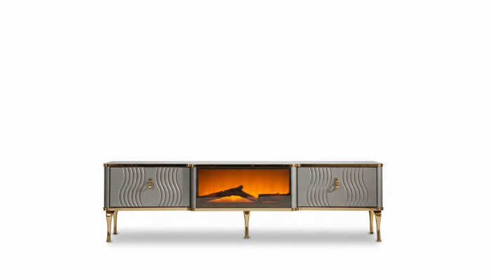 White TV sideboard, golden MDF particle board + metal, living room TV furniture