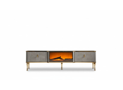 White TV sideboard, golden MDF particle board + metal, living room TV furniture