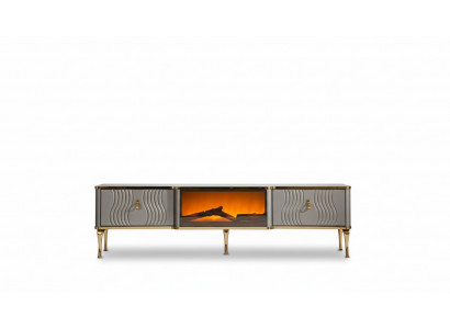 White TV sideboard, golden MDF particle board + metal, living room TV furniture