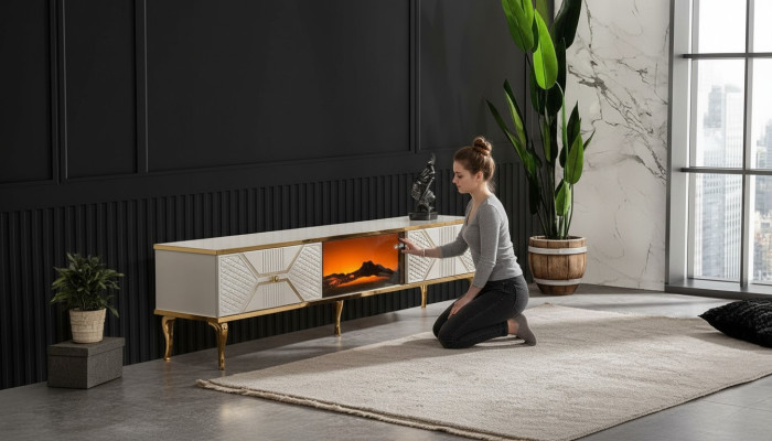 Luxurious TV sideboard with white gold-colored frame made of MDF metal white