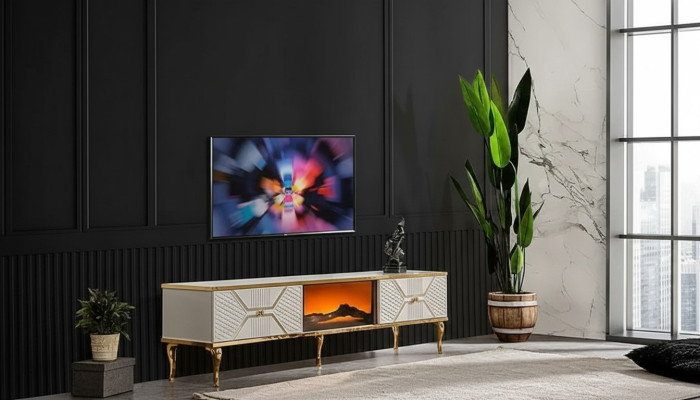 Luxurious TV sideboard with white gold-colored frame made of MDF metal white