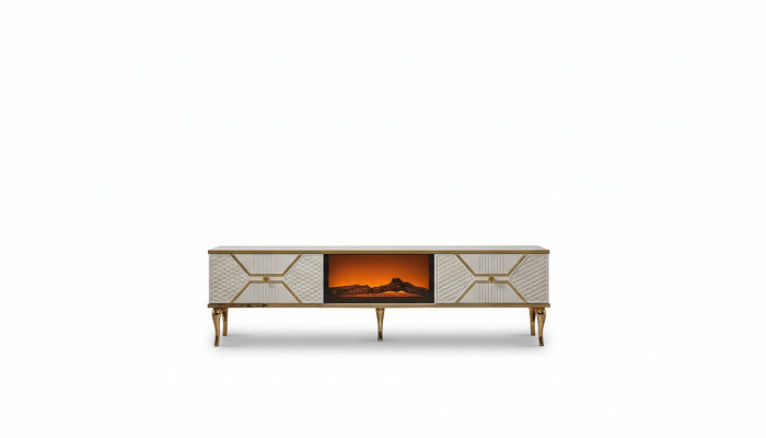 Luxurious TV sideboard with white gold-colored frame made of MDF metal white