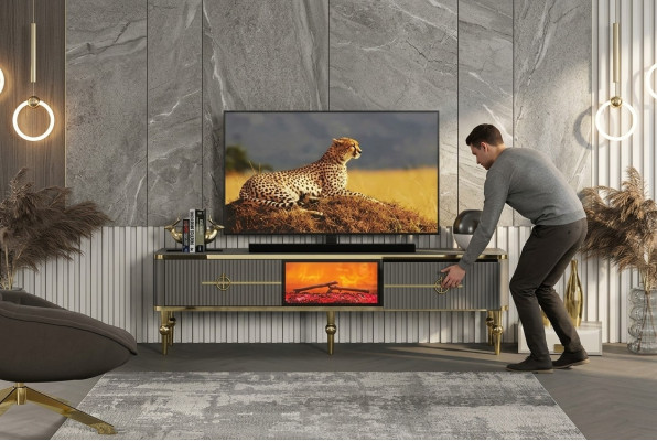 Living Room TV Lowboard Gray Fireplace RTV Sideboard Metal + MDF Exclusive