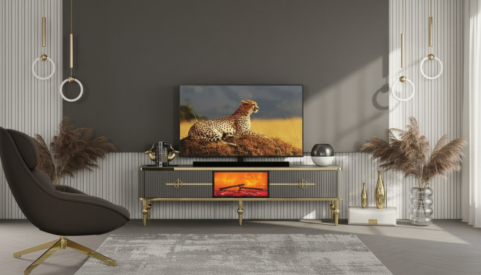 Living Room TV Lowboard Gray Fireplace RTV Sideboard Metal + MDF Exclusive