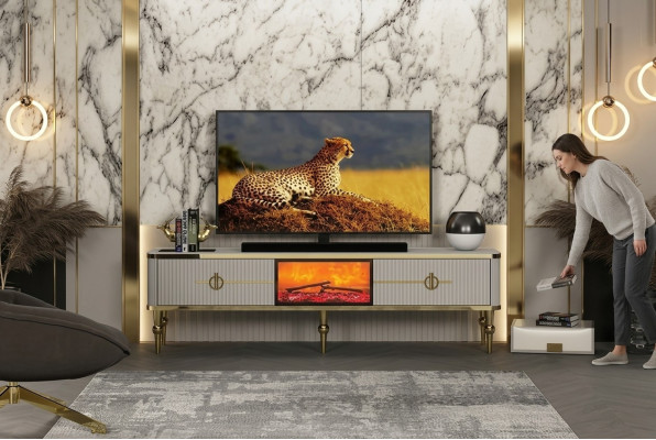Living room TV lowboard high-quality materials MDF metal white + gold