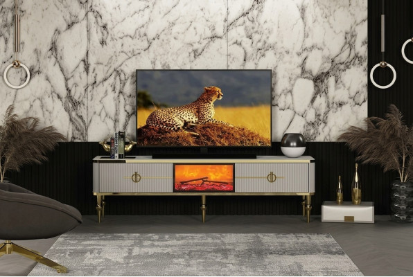 Living room TV lowboard high-quality materials MDF metal white + gold