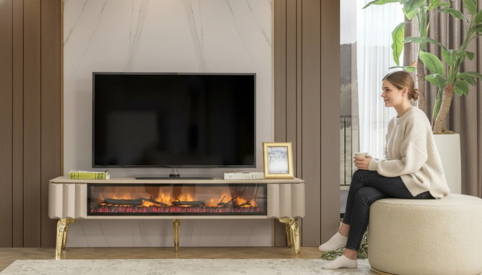 Sideboard RTV Living Room Luxury Furniture Fireplace Beige MDF Metal Lowboard