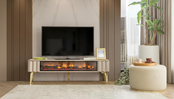 Sideboard RTV Living Room Luxury Furniture Fireplace Beige MDF Metal Lowboard