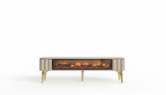 Sideboard RTV Living Room Luxury Furniture Fireplace Beige MDF Metal Lowboard