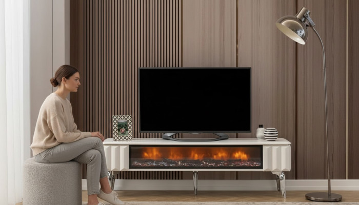 TV lowboard white chipboard metal luxury furniture fireplace living room new