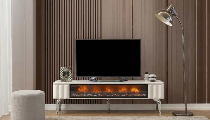 TV lowboard white chipboard metal luxury furniture fireplace living room new
