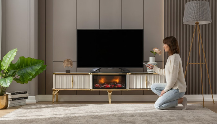 Living Room TV Lowboard white + gold MDF Sideboard Metal RTV Luxury New