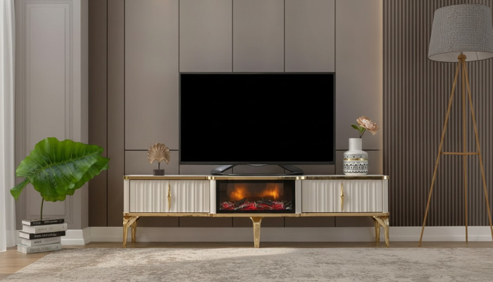 Living Room TV Lowboard white + gold MDF Sideboard Metal RTV Luxury New