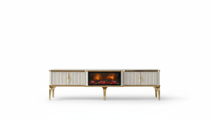 Living Room TV Lowboard white + gold MDF Sideboard Metal RTV Luxury New